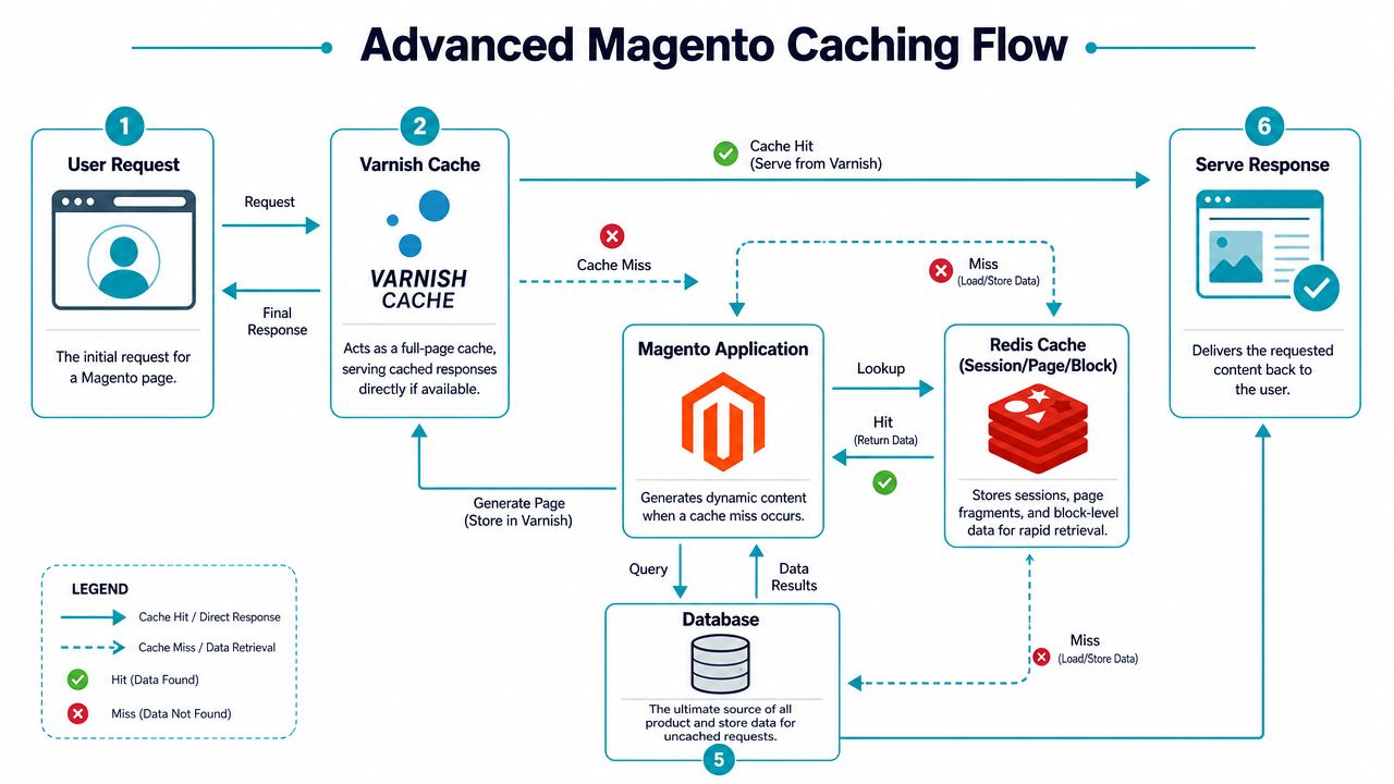 A diagram illustrating the advanced Magento caching flow using Varnish, Redis, and database interactions for performance optimization.