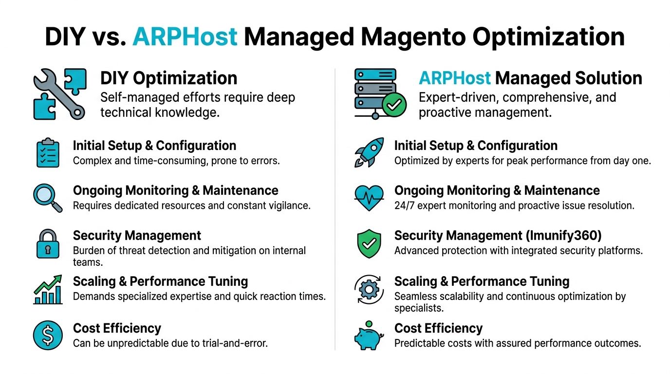 A comparison chart highlighting the benefits of ARPHost managed Magento optimization versus DIY self-managed technical efforts.