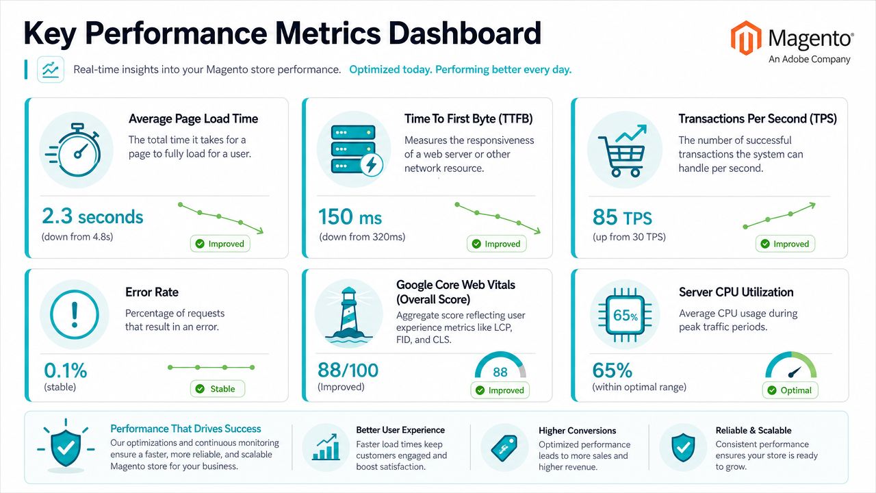 A dashboard display showing key Magento store performance metrics including load time, server responsiveness, and CPU usage.