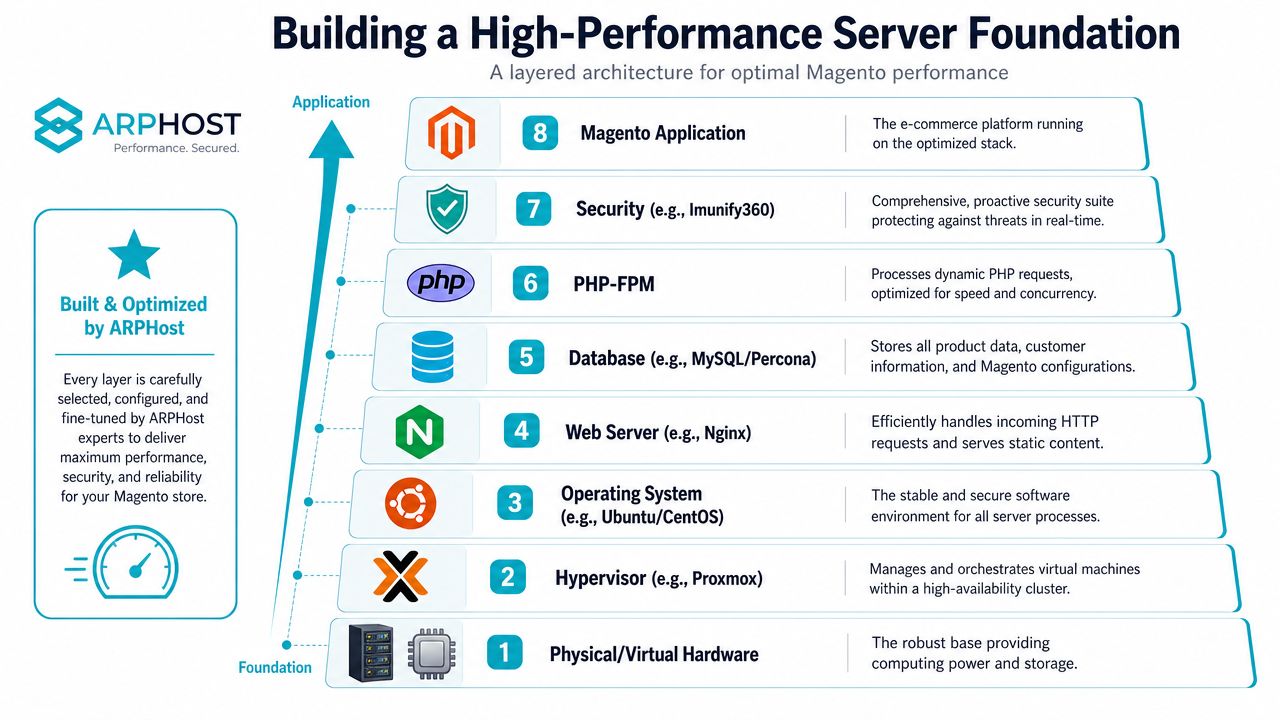A layered architecture diagram illustrating the optimized server foundation stack for Magento e-commerce performance.