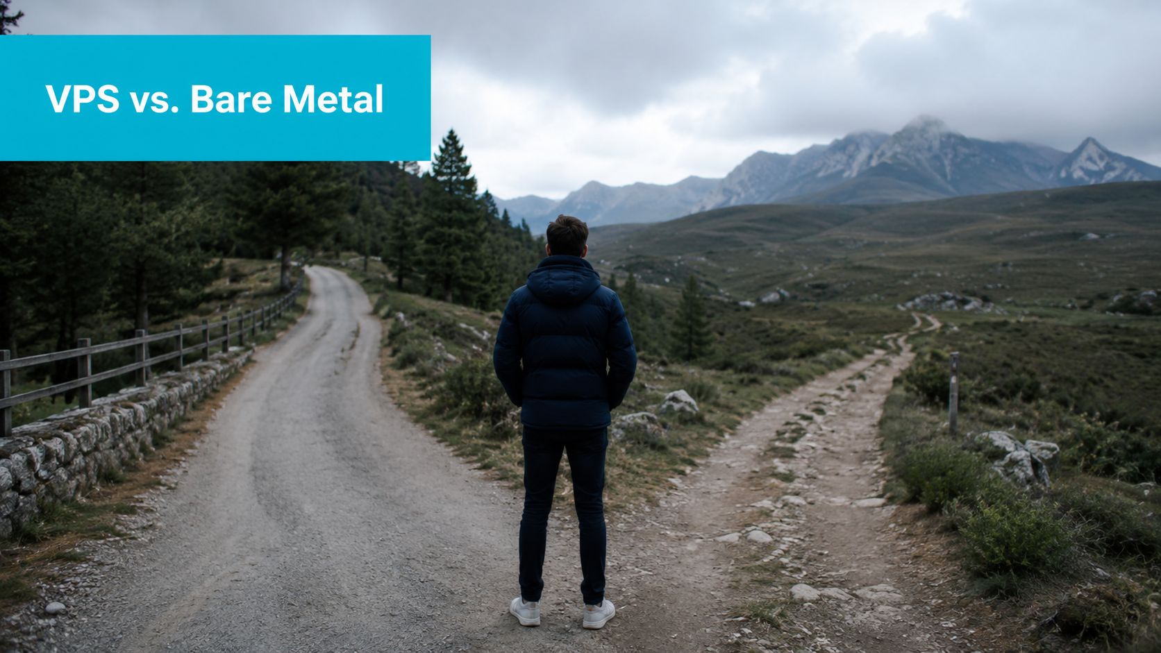 A man standing at a fork in the road, representing the choice between VPS and bare metal.