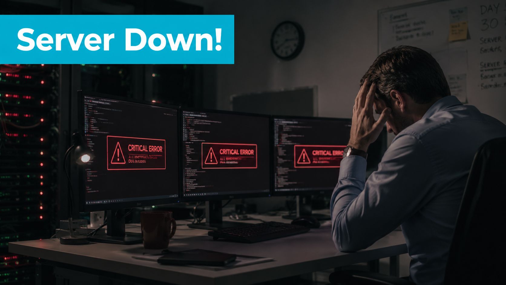 A stressed IT professional working in a dark server room facing a critical system error on monitors.