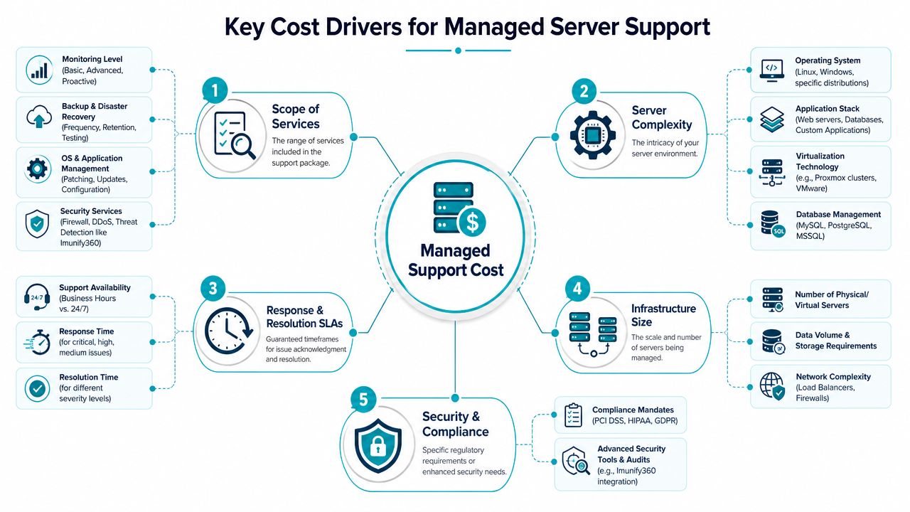 A diagram outlining five key factors that influence the total cost of managed server support services.