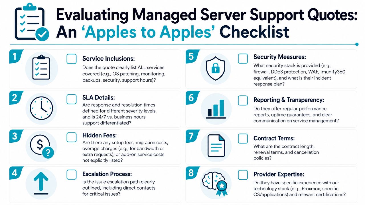 An eight-point checklist for evaluating managed server support quotes to ensure fair comparisons between different providers.