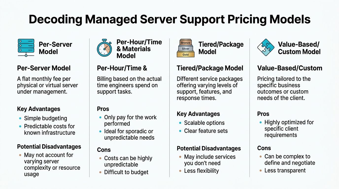 An infographic titled Decoding Managed Server Support Pricing Models detailing four common IT service billing structures.