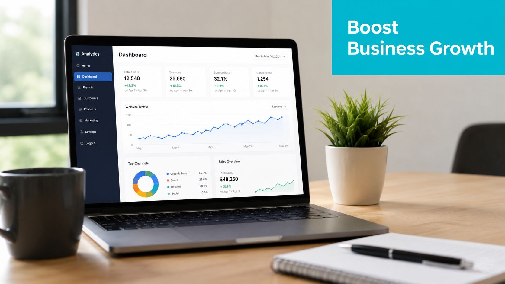 A laptop displays a digital marketing analytics dashboard on a clean, modern desk in a bright office.