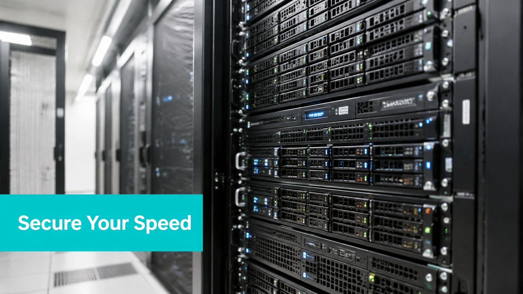A close up view of high performance server racks in a modern professional data center environment.