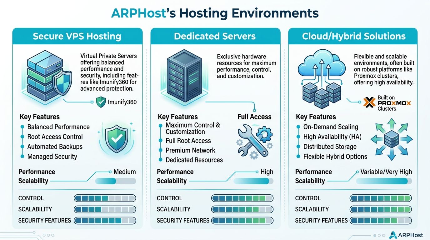 A comparison chart of ARPHost's hosting environments, including Secure VPS, Dedicated Servers, and Cloud/Hybrid Solutions.