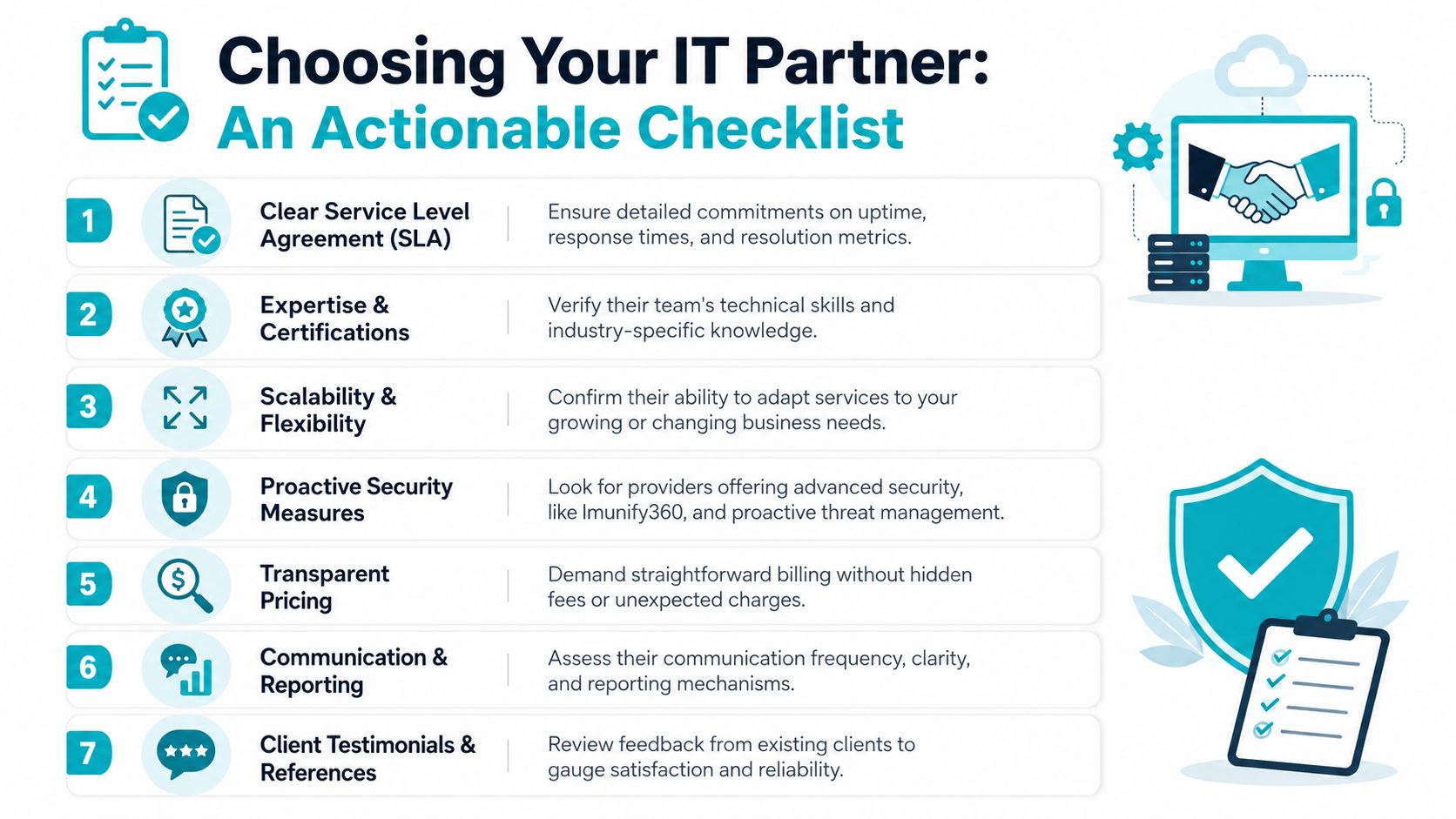 An infographic checklist for businesses on how to choose an effective IT support partner and provider.