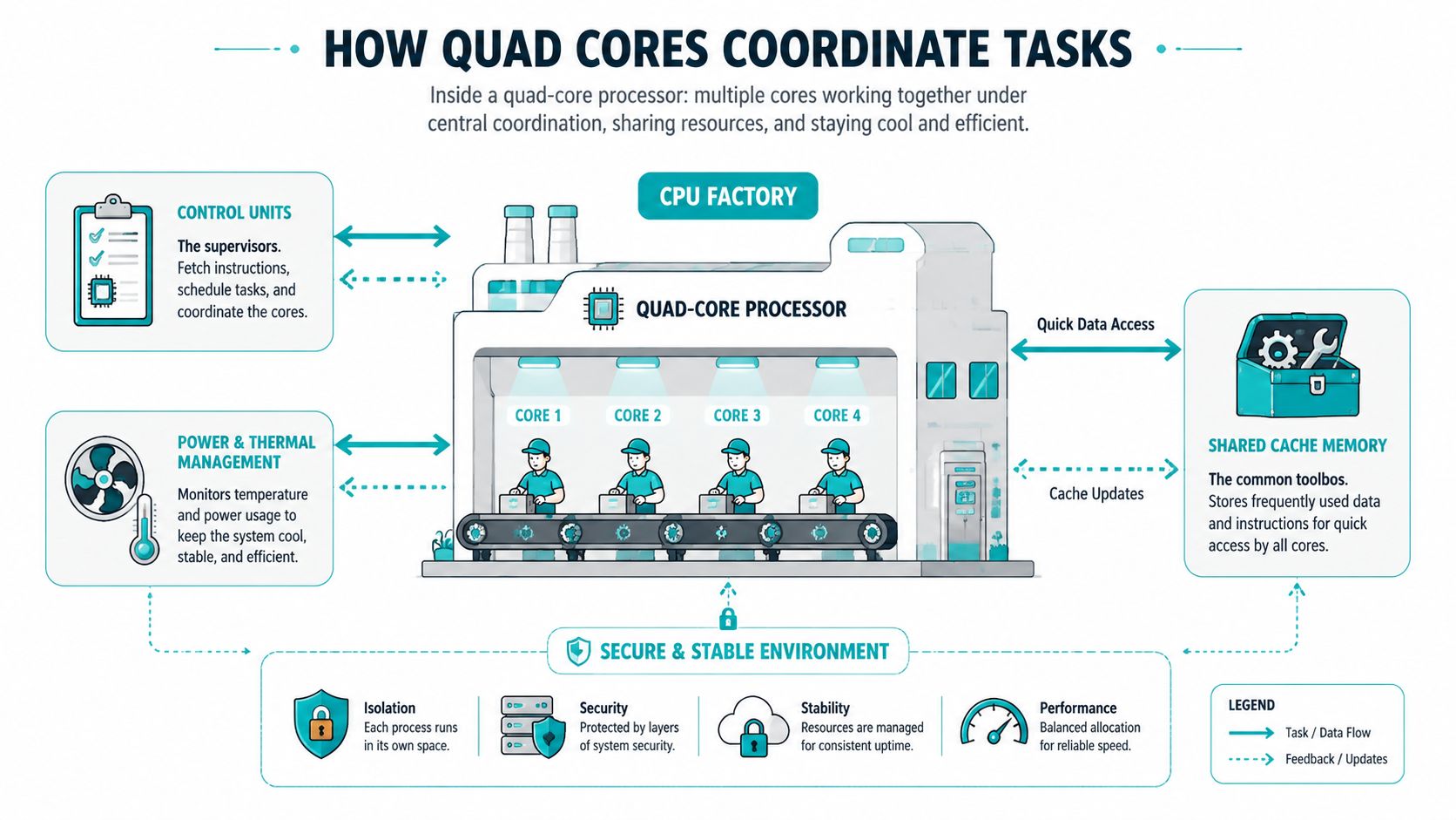 A diagram illustrating how a quad-core processor coordinates tasks among four cores within a factory-themed environment.