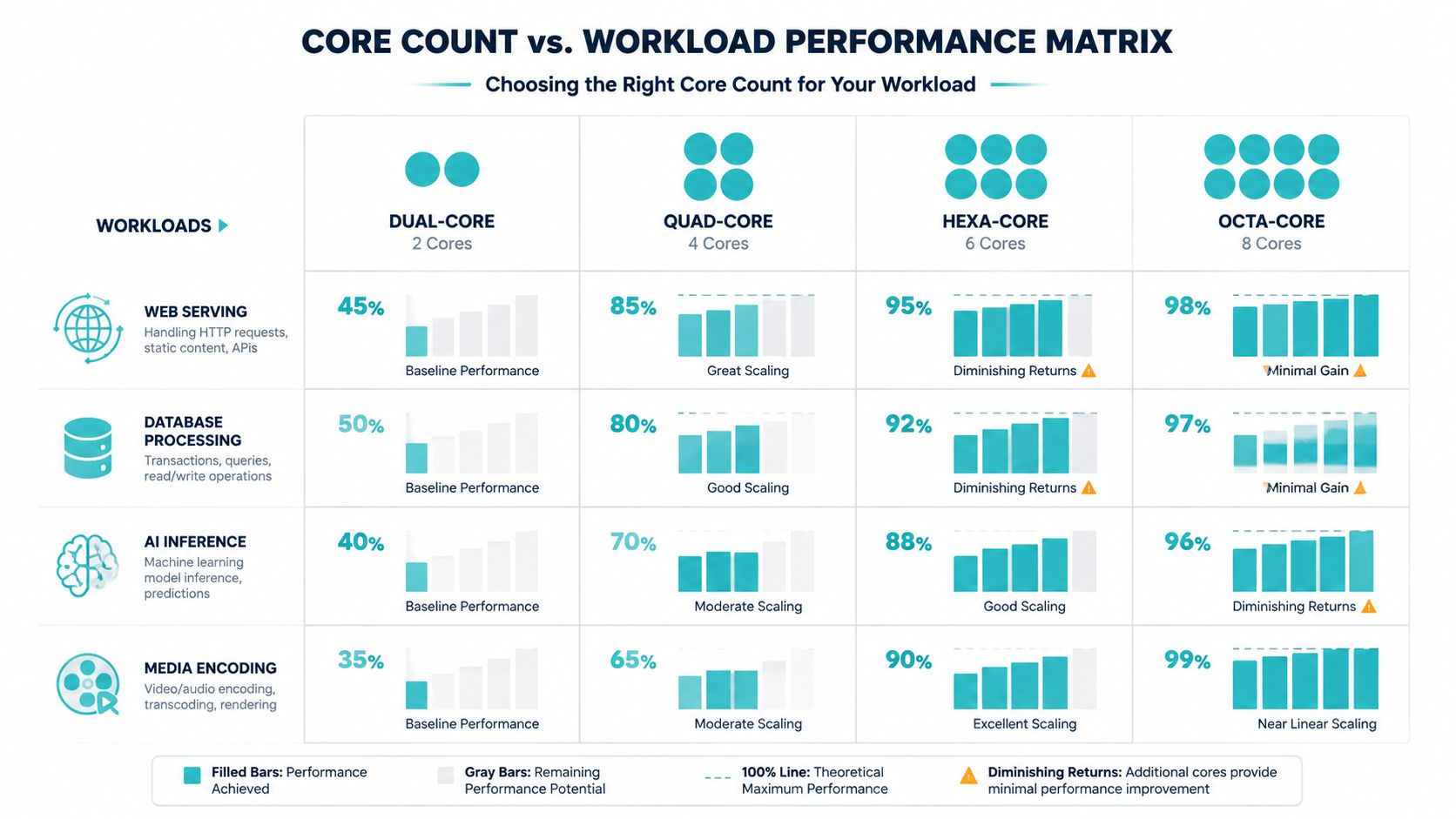 A performance matrix chart comparing core counts from dual to octa-core across four different types of workloads.
