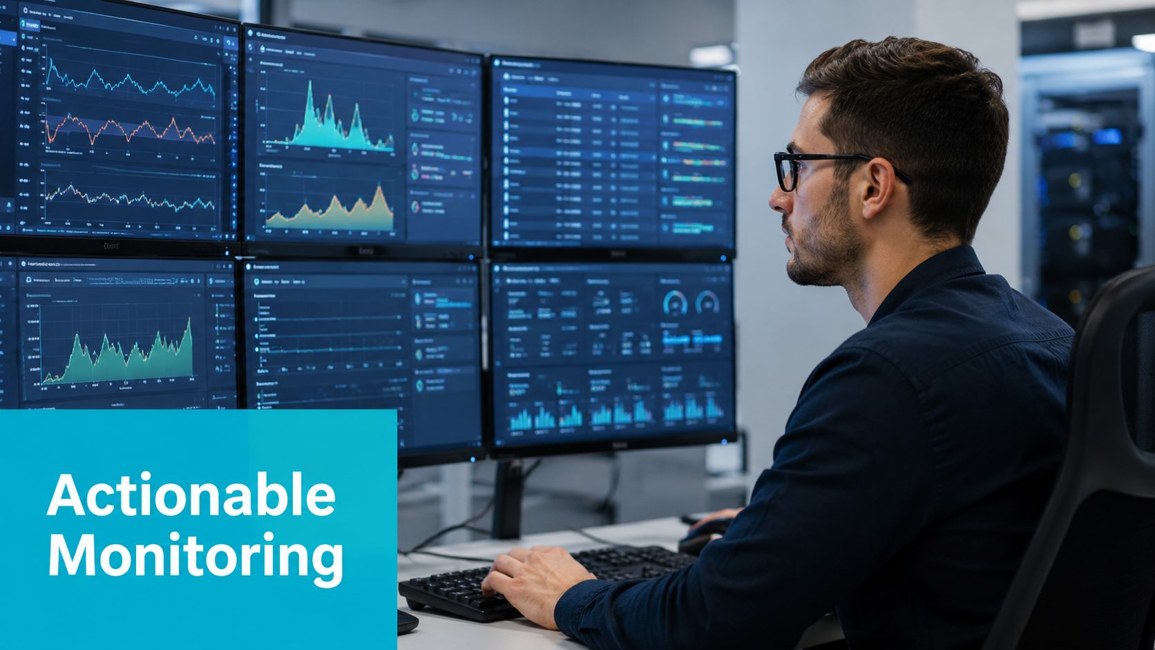 A professional IT engineer monitors server performance data and metrics on multiple screens in a data center.