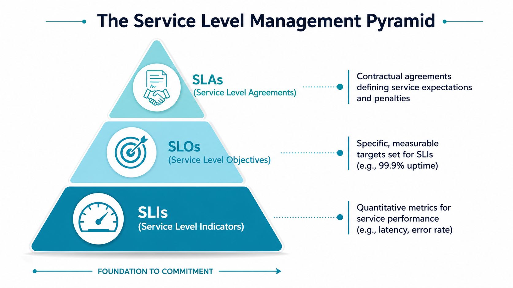 A pyramid diagram showing the hierarchy of service level management with SLIs, SLOs, and SLAs.