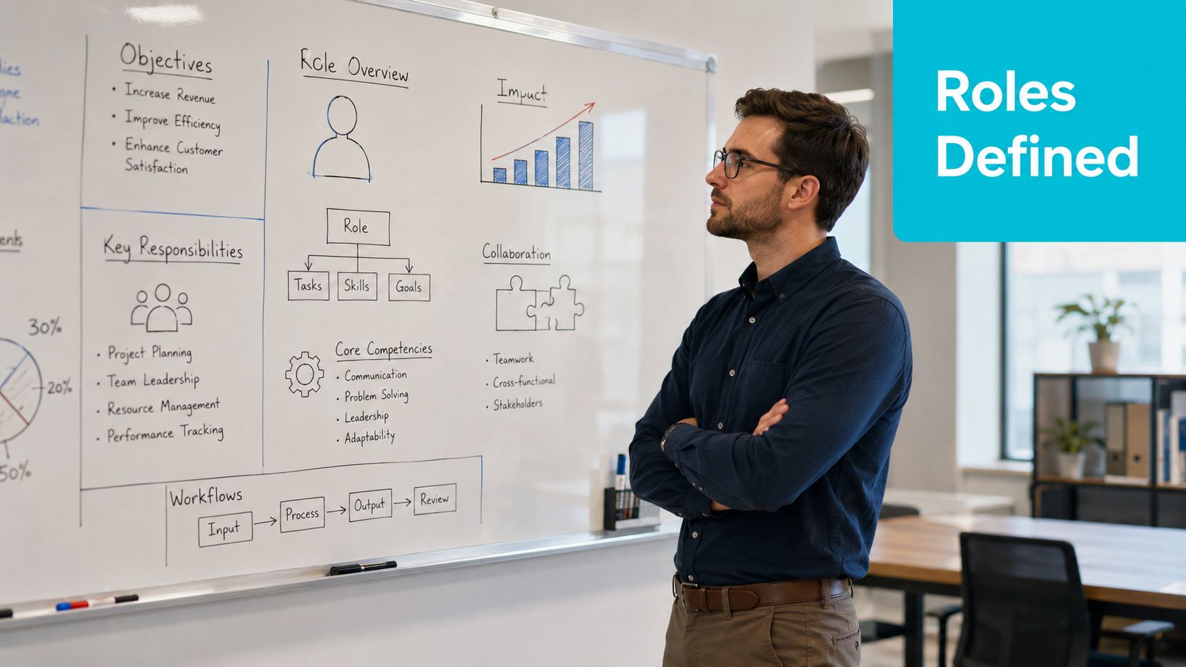 A professional man standing in front of a whiteboard detailing role definitions, responsibilities, and team workflow strategies.