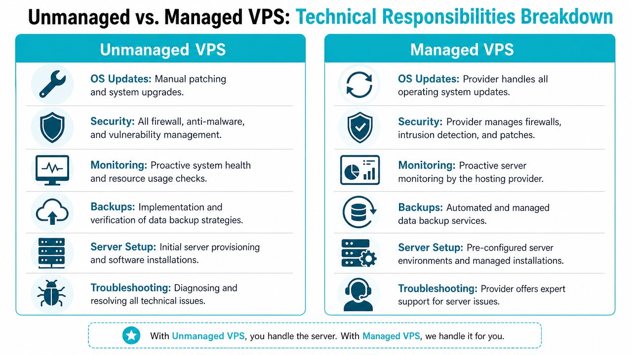 A comparison table between unmanaged and managed VPS hosting showing differences in technical responsibilities and support services.