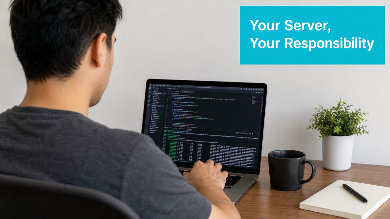 A male developer writing code on a laptop screen with the text Your Server Your Responsibility displayed.