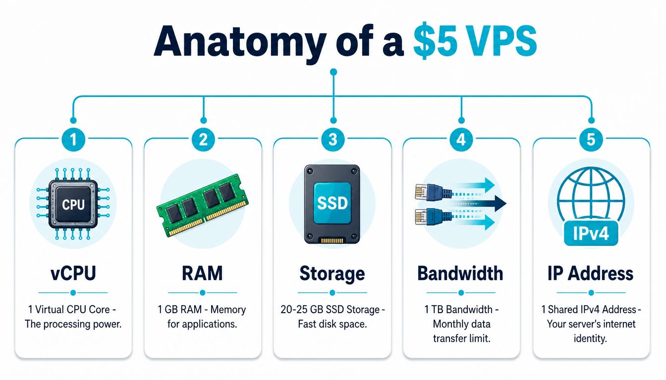 A diagram illustrating the key components of a budget five dollar virtual private server hosting package.