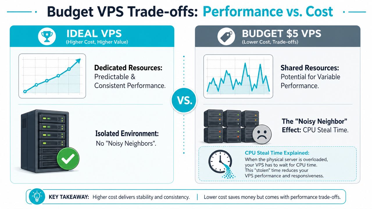 A comparative infographic showing the performance trade-offs between expensive dedicated VPS and budget shared $5 VPS hosting.