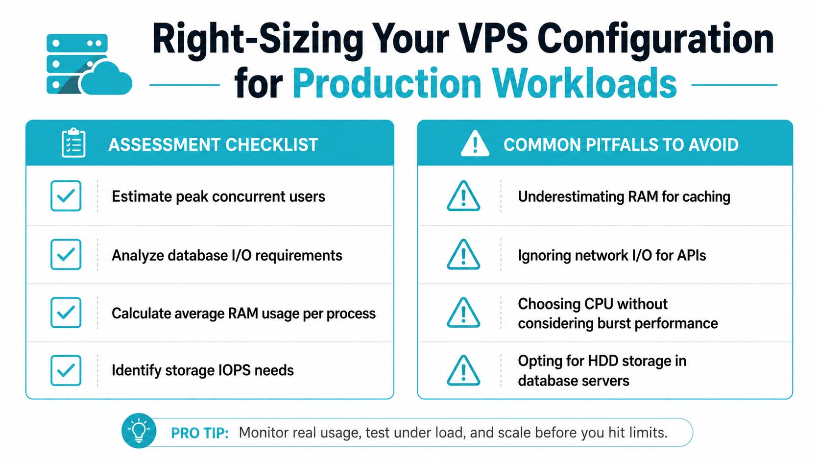 A guide infographic for choosing the right VPS configuration for production workloads with checklists and pitfalls.