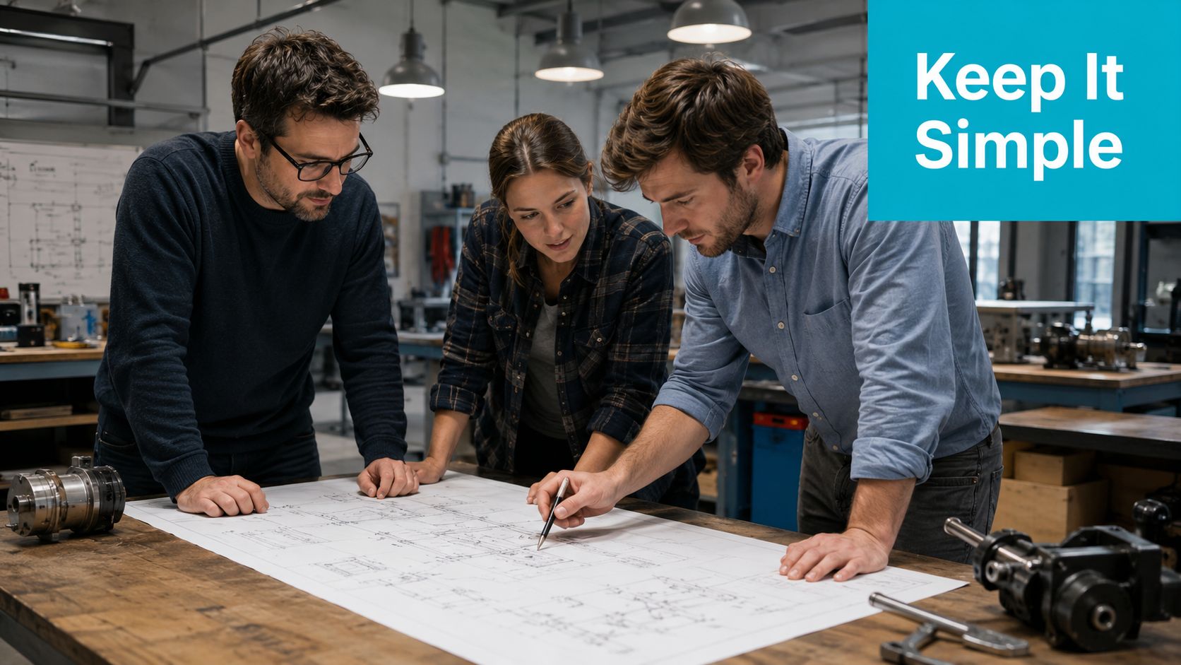 A team of three professional engineers reviewing technical blueprints on a wooden workbench in a workshop.