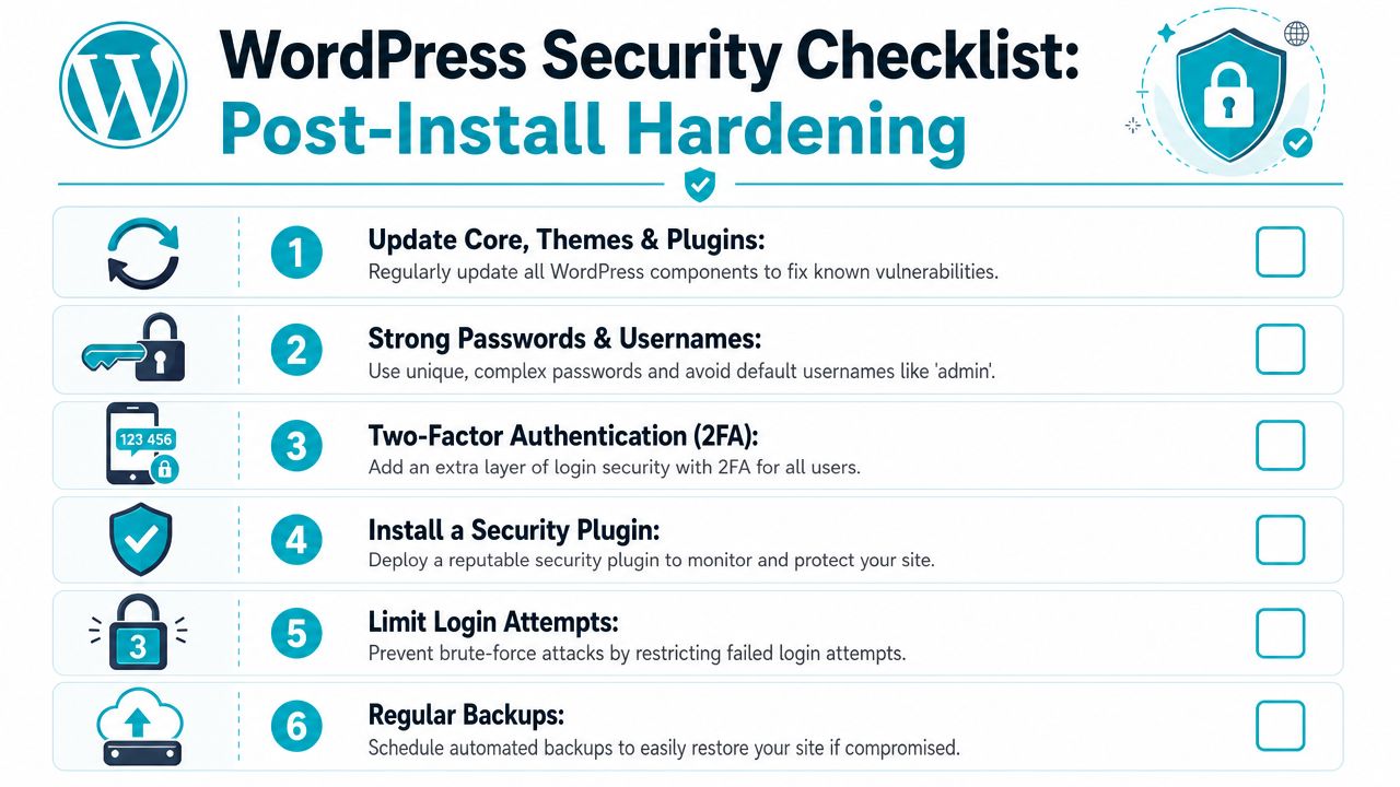 An infographic checklist for WordPress security, outlining six essential steps for post-installation hardening of a website.