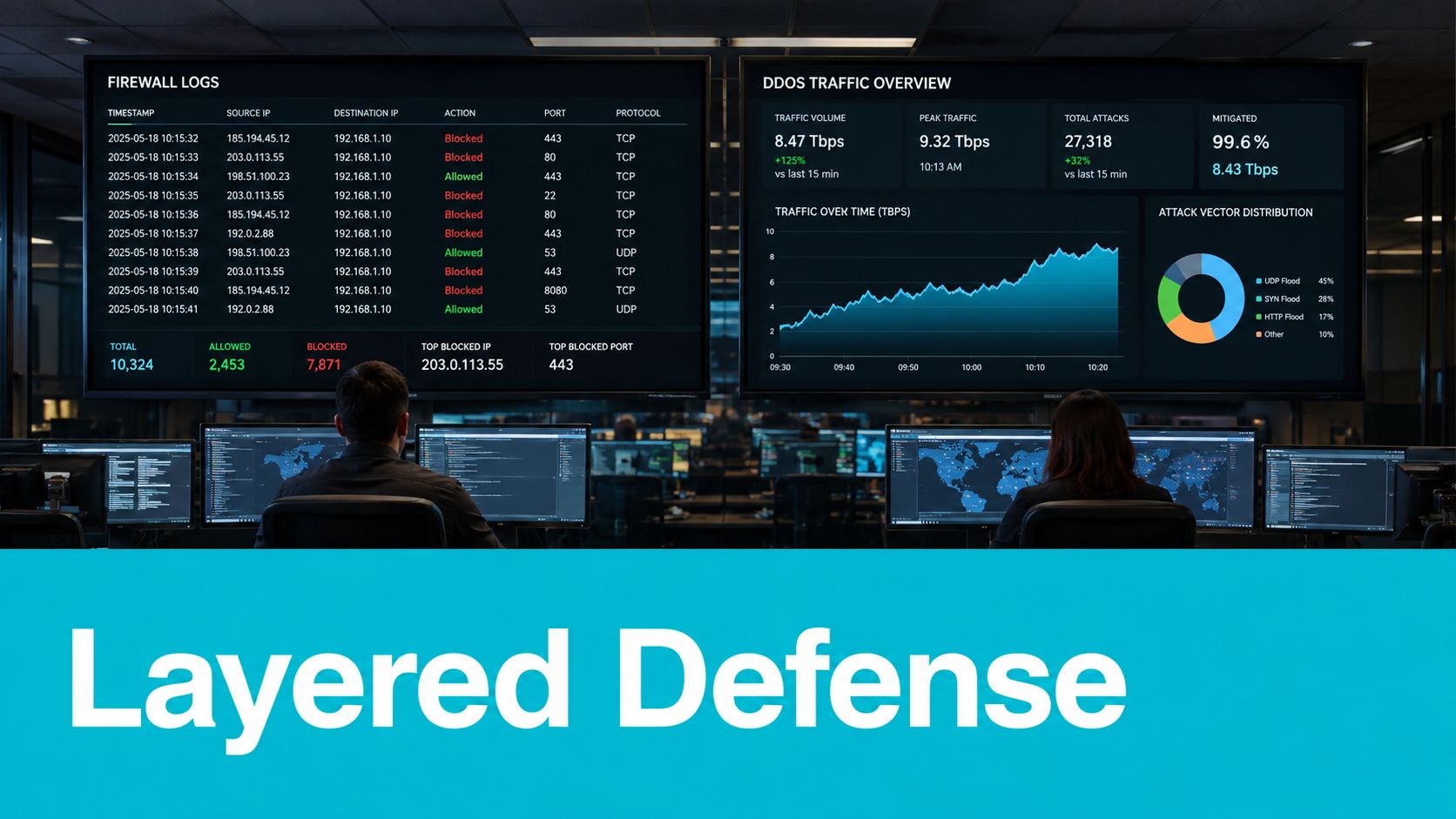 A cybersecurity operations center displays firewall logs and real-time DDoS traffic analytics on large wall screens.