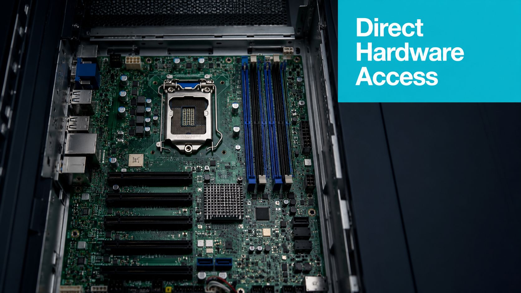 An overhead view of a computer server motherboard installed inside an open server chassis case.