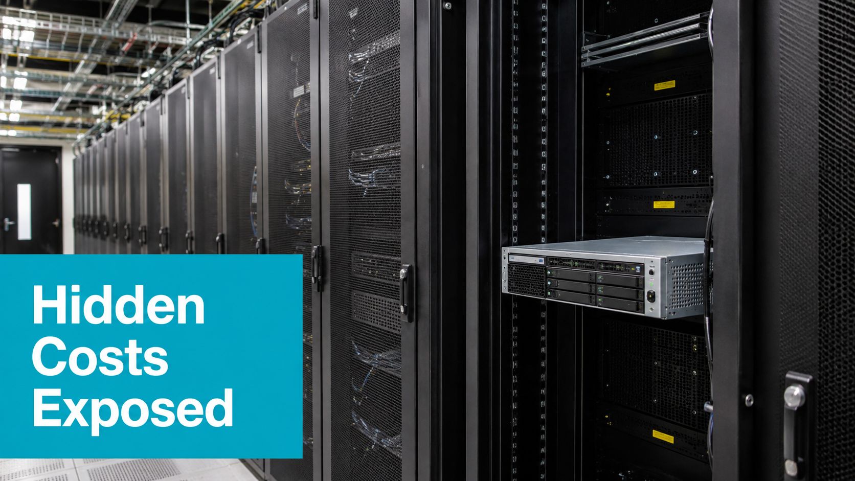 A row of black server racks in a data center with one server unit pulled out.