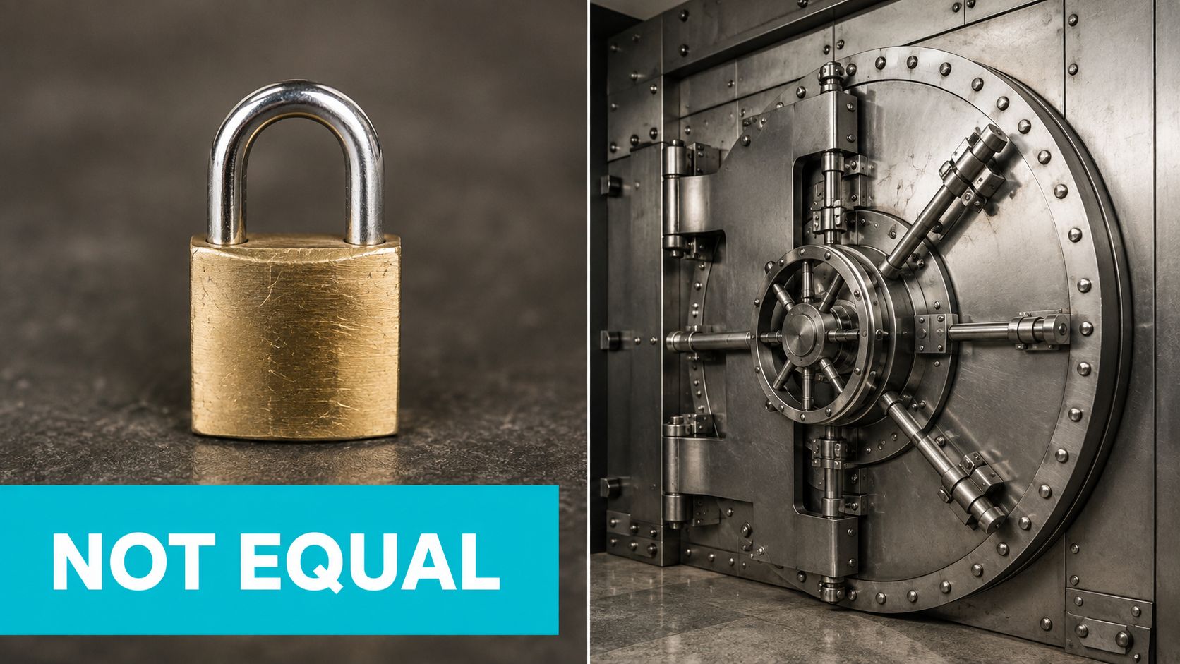 A split screen image showing a brass padlock and a heavy steel vault door with text reading NOT EQUAL.