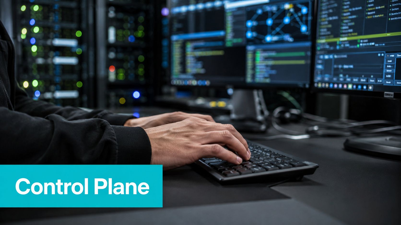 A cybersecurity professional typing on a keyboard in a dark server room with multiple data monitoring screens.