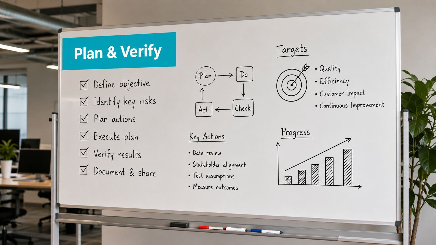 A whiteboard in an office displaying a Plan and Verify process chart, targets, and a progress bar graph.