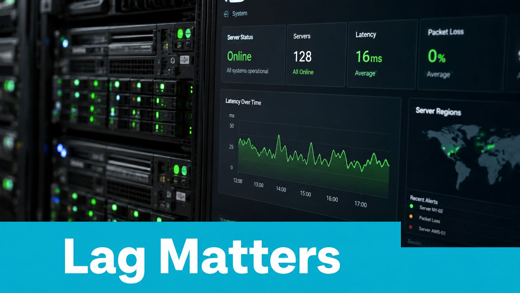 A server rack monitoring dashboard showing system status, latency, packet loss, and global server regions.