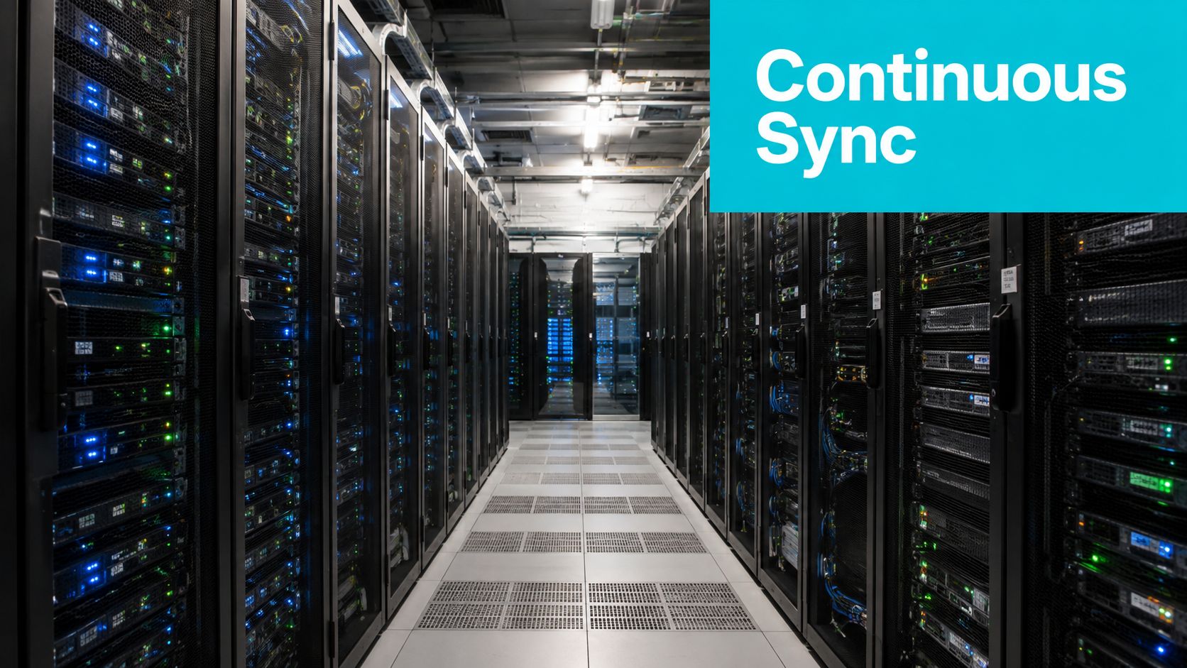 Rows of high-density server cabinets in a modern data center with active blue and green indicator lights.